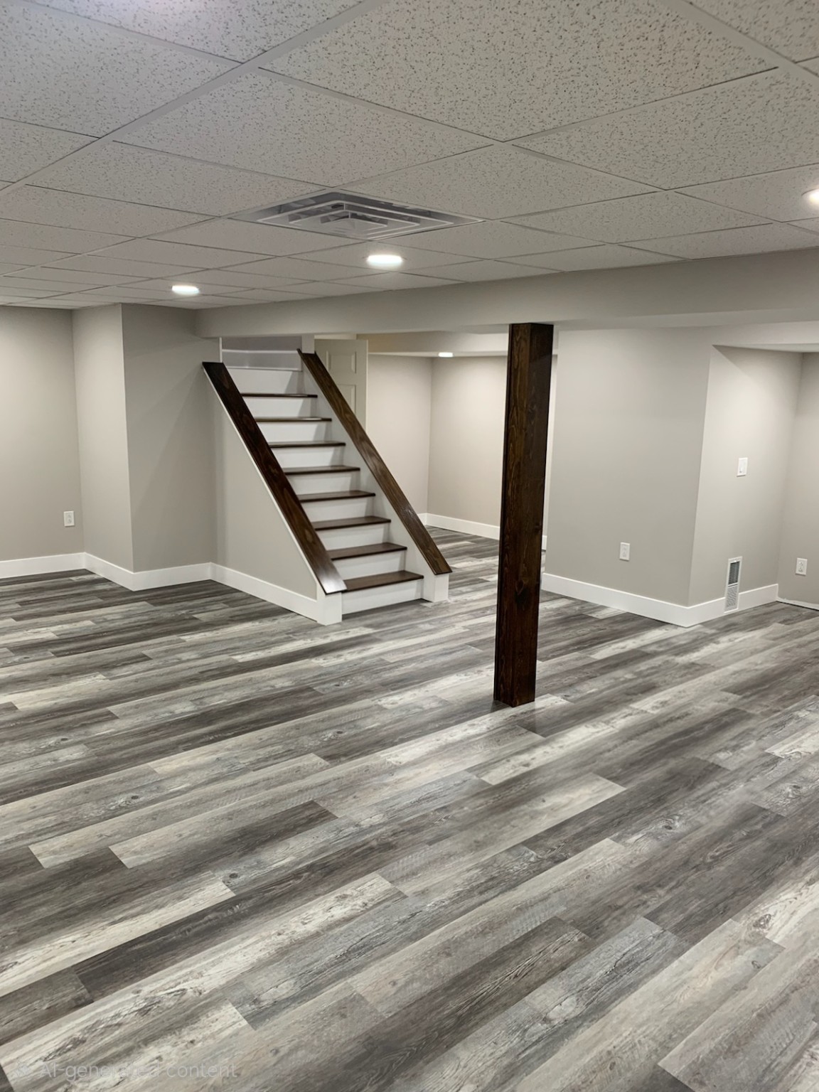 After: finished basement with new flooring, ceiling, walls and staircase