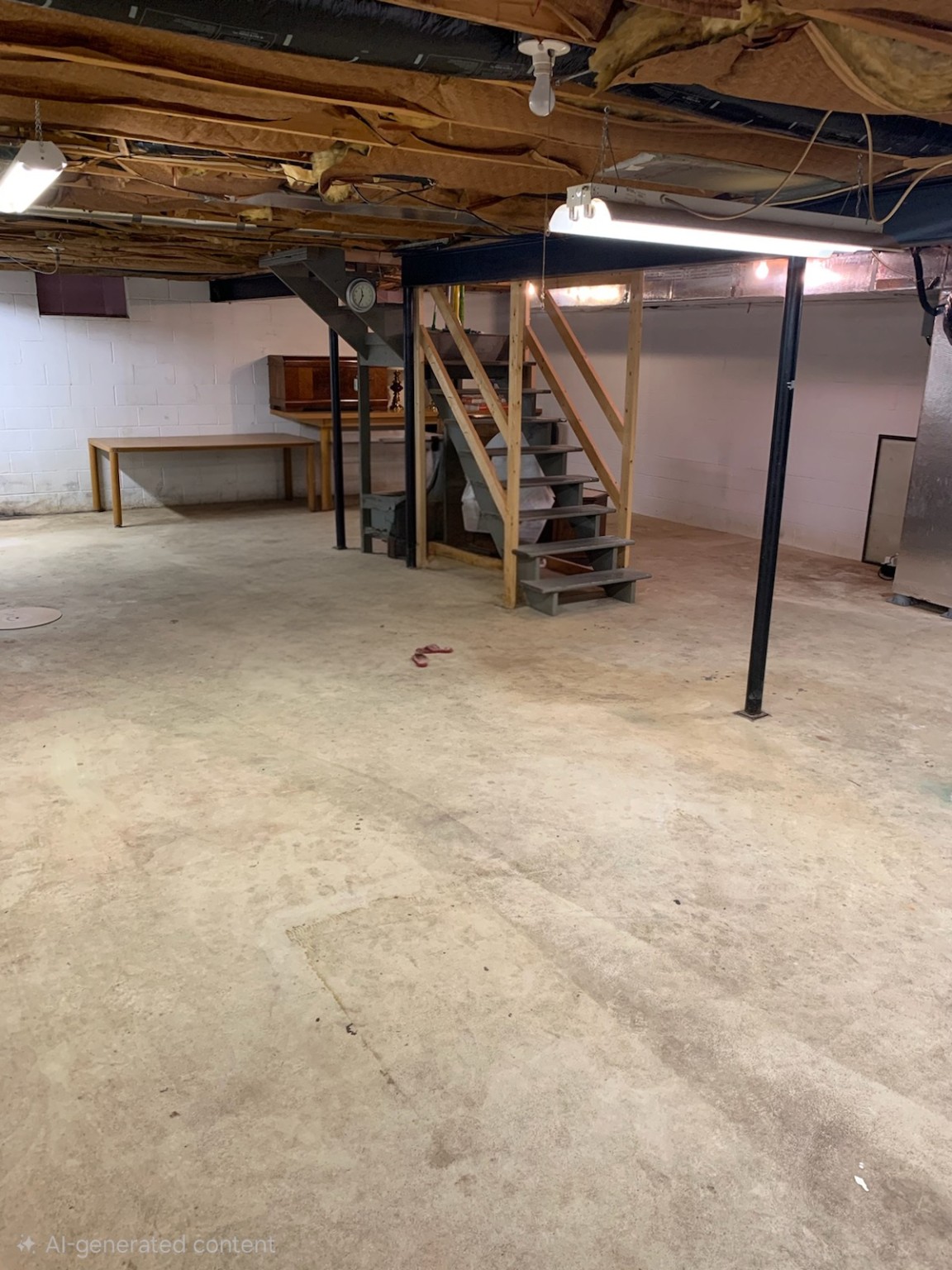 Before: unfinished basement with exposed joists and concrete floor
